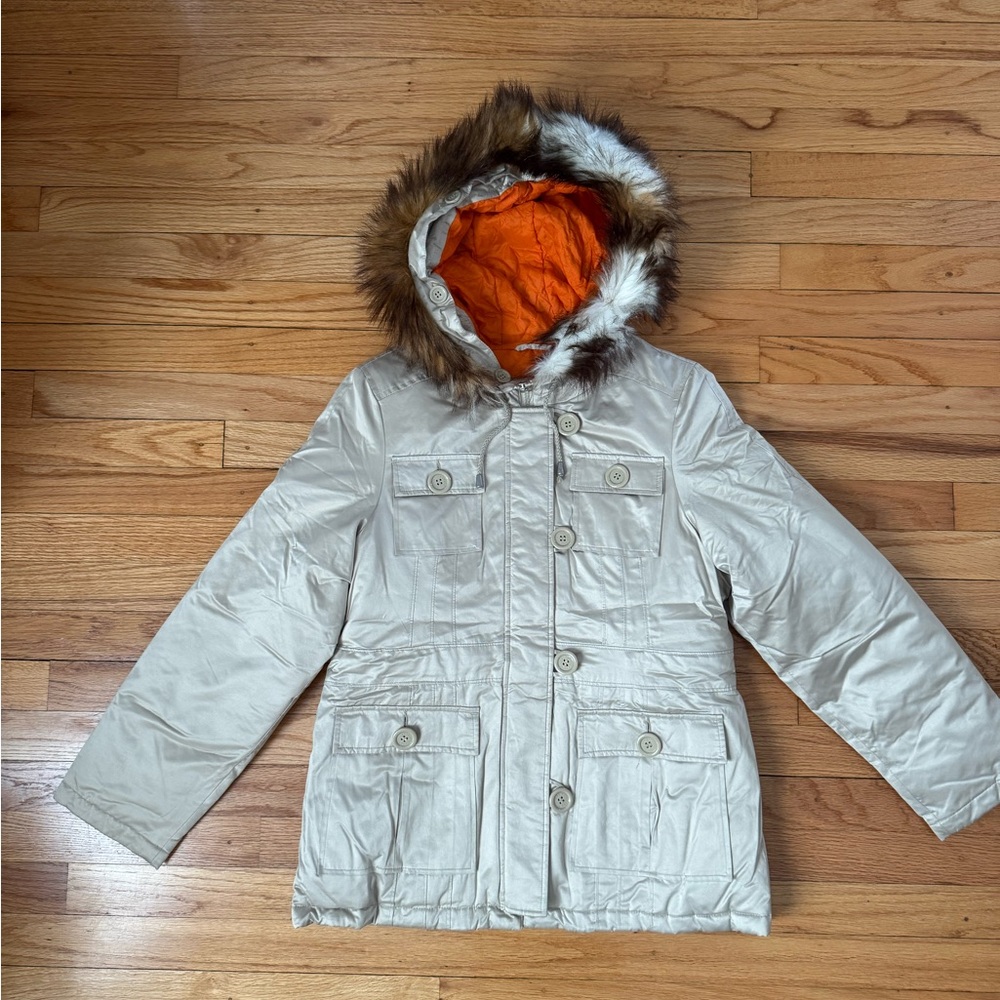 Esprit Cream Puffer Jacket with Faux Fur Hood